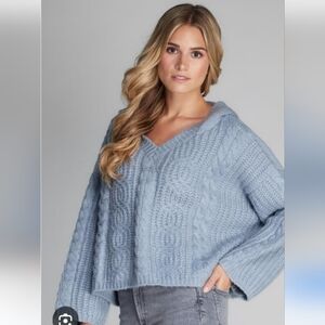 V-Chic,Size S,Cozy Baby Blue Cable Knit Hooded Cropped Sweater